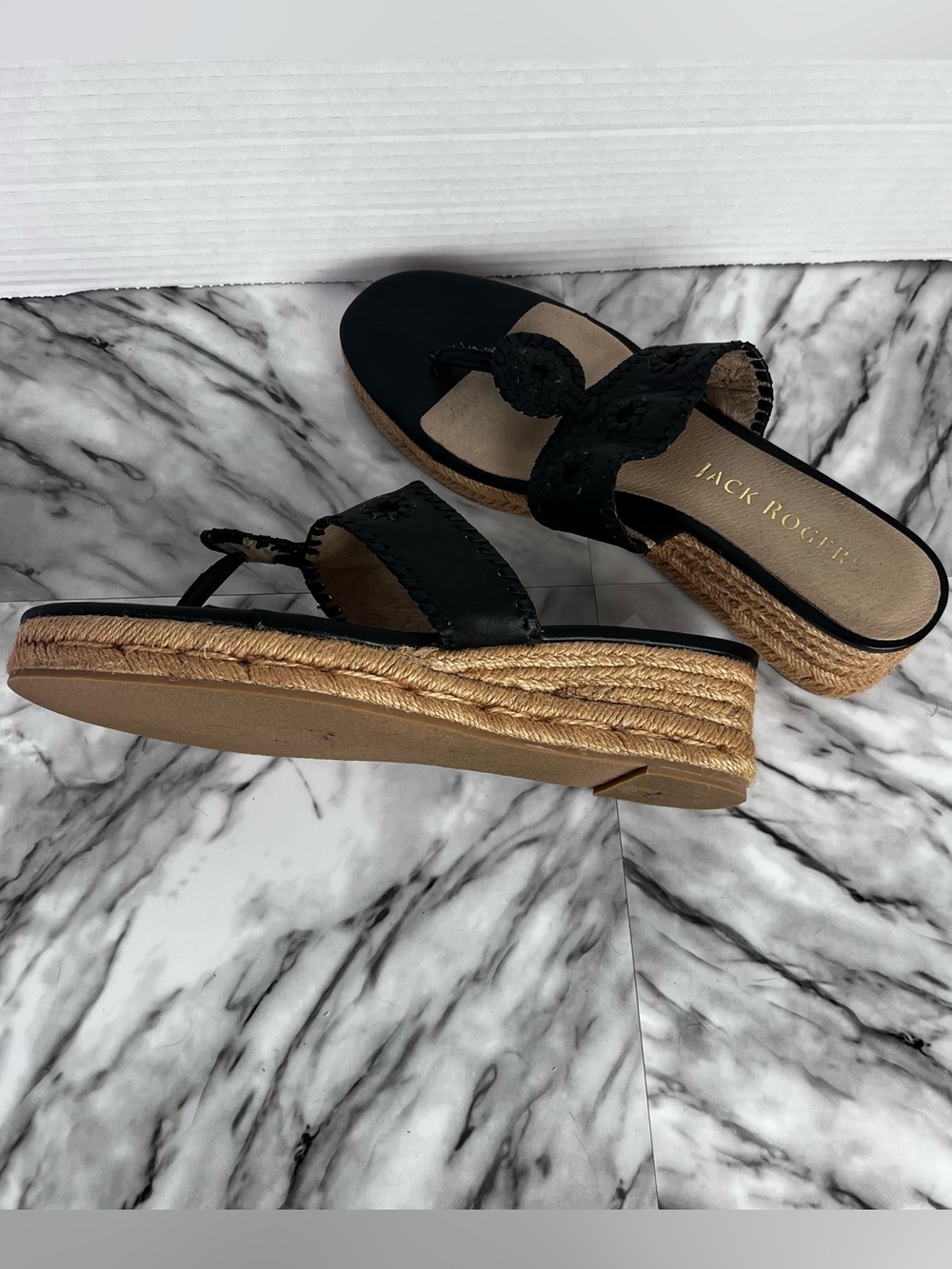 Jack Rogers espadrille leather platform thong sandal.